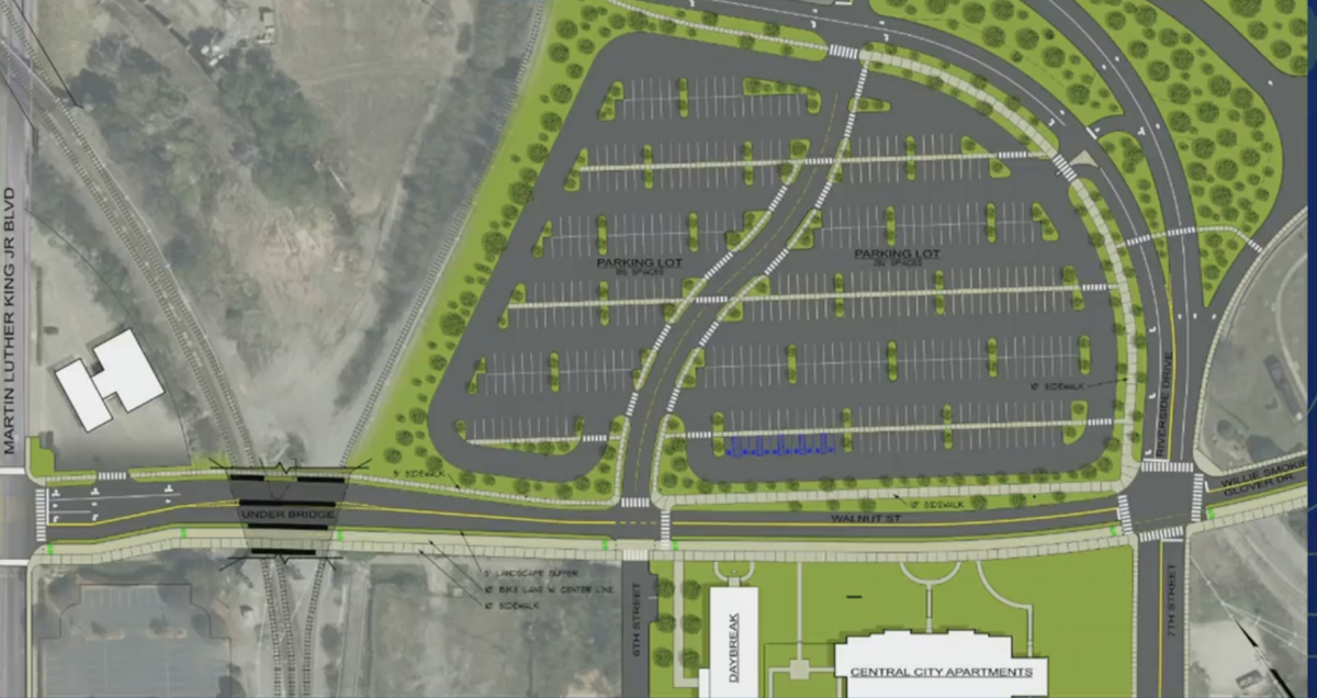 Preliminary plans show a new parking lot along Walnut Street near the entrance to Carolyn Crayton Park.